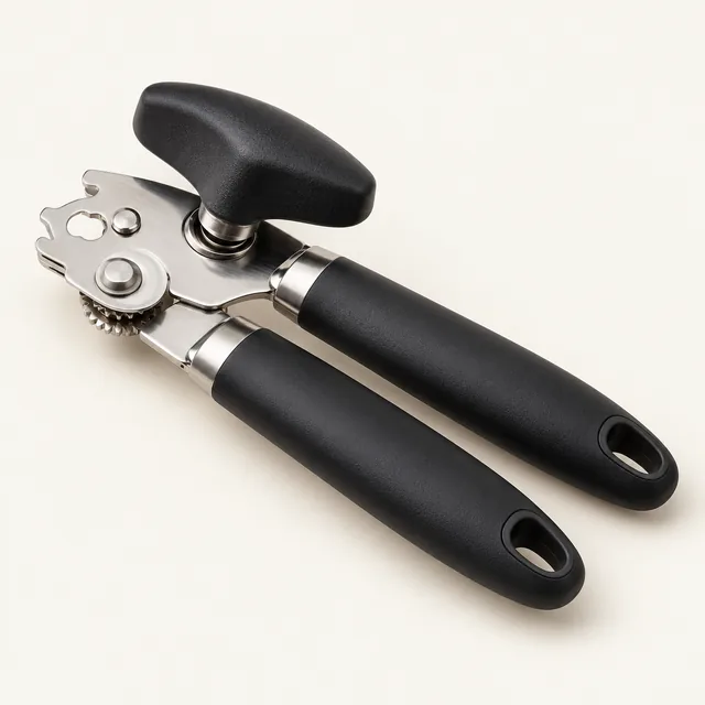AI-generated illustration of manual can opener; representative equipment type, not a specific product