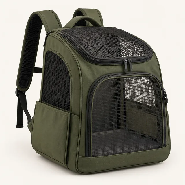 AI-generated illustration of small-dog carrier backpack; representative equipment type, not a specific product