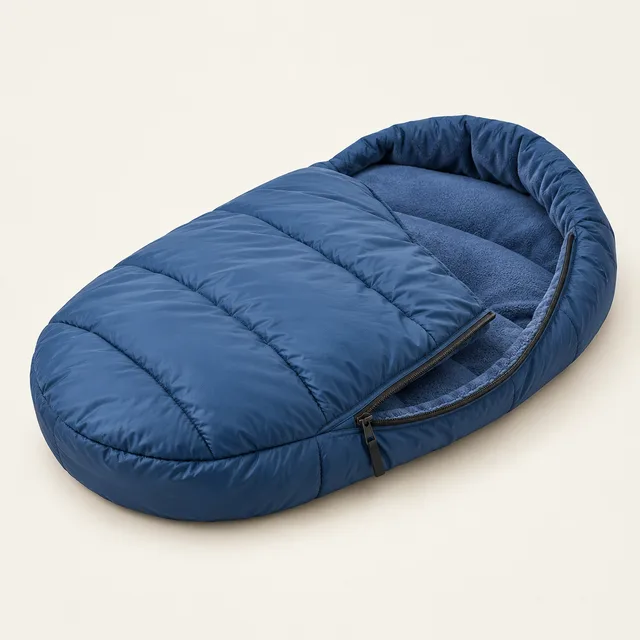 AI-generated illustration of packable insulated dog bed; representative equipment type, not a specific product