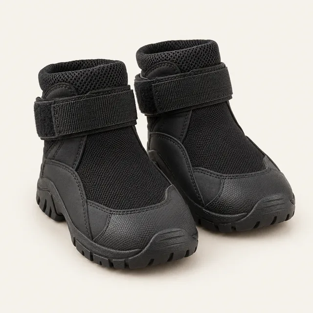 AI-generated illustration of protective dog boot pairs; representative equipment type, not a specific product