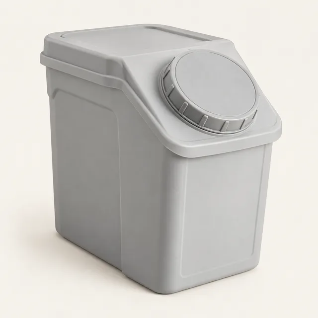 AI-generated illustration of sealed pet-food storage bin; representative equipment type, not a specific product
