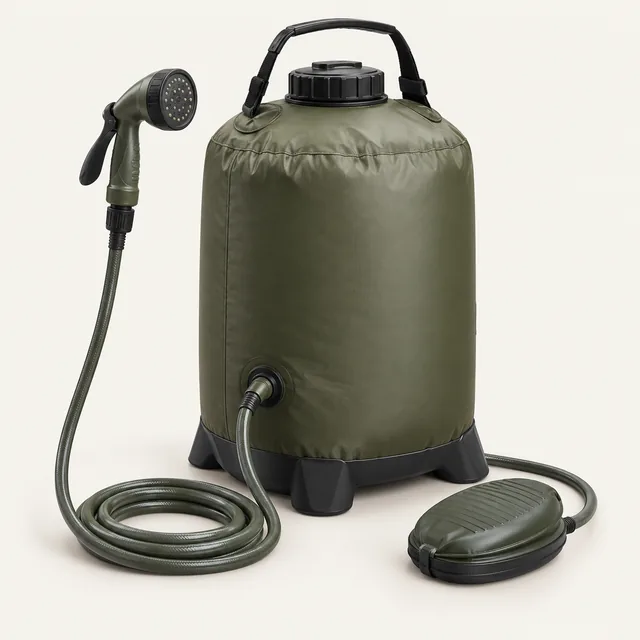 AI-generated illustration of foot-pump pressure shower; representative equipment type, not a specific product