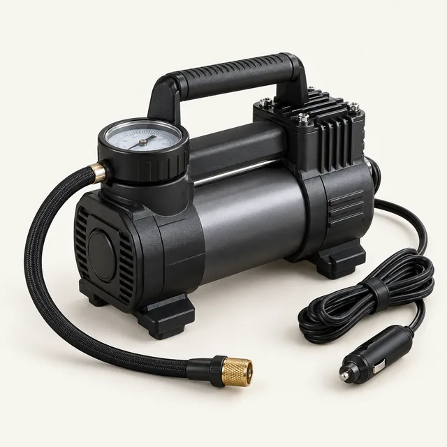 AI-generated illustration of portable tire compressor; representative equipment type, not a specific product