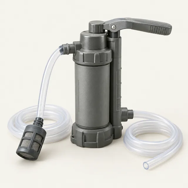 AI-generated illustration of hand-pump water purifier; representative equipment type, not a specific product