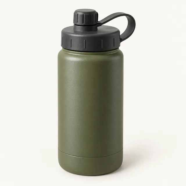 AI-generated illustration of press-to-purify water bottle; representative equipment type, not a specific product