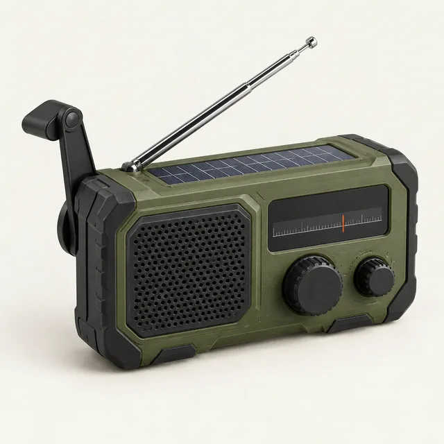 AI-generated illustration of emergency weather radio; representative equipment type, not a specific product