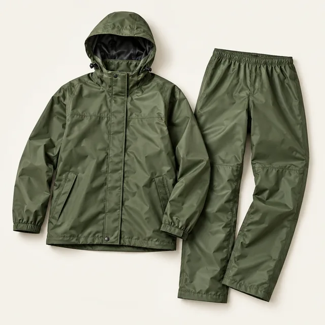AI-generated illustration of packable rain jacket and trousers; representative equipment type, not a specific product