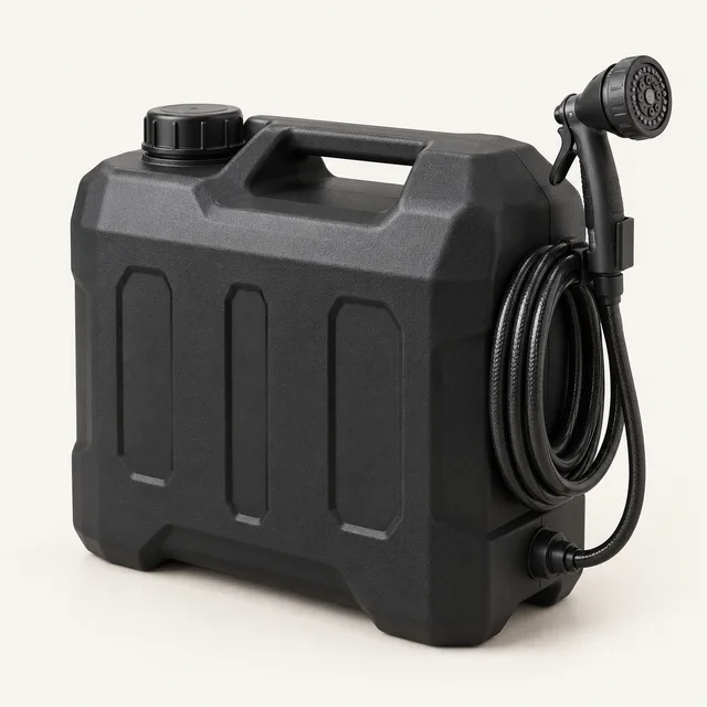 AI-generated illustration of battery-powered portable shower; representative equipment type, not a specific product