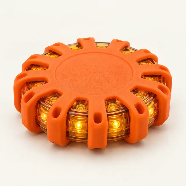 AI-generated illustration of battery-powered roadside warning disk; representative equipment type, not a specific product