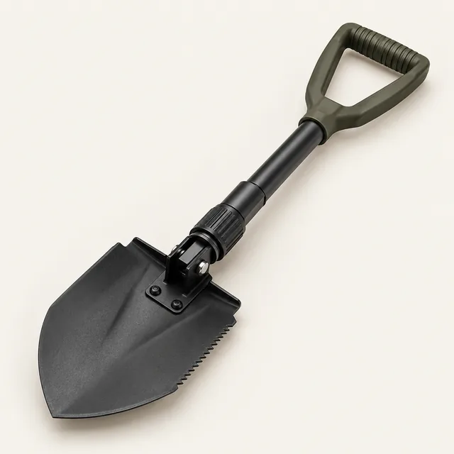 AI-generated illustration of folding shovel; representative equipment type, not a specific product