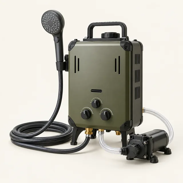 AI-generated illustration of outdoor hot-water and washing kit; representative equipment type, not a specific product