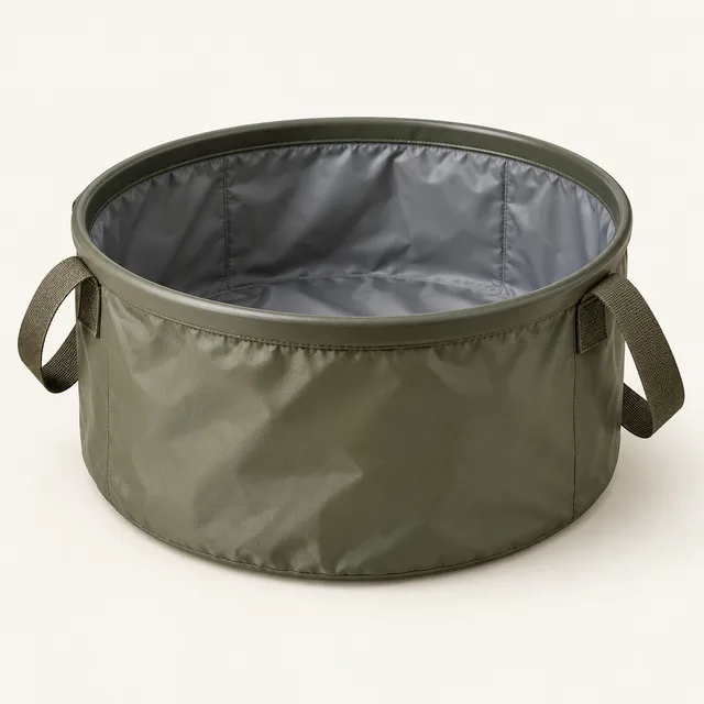 AI-generated illustration of packable washing basin; representative equipment type, not a specific product