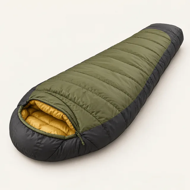 AI-generated illustration of down sleeping bag; representative equipment type, not a specific product