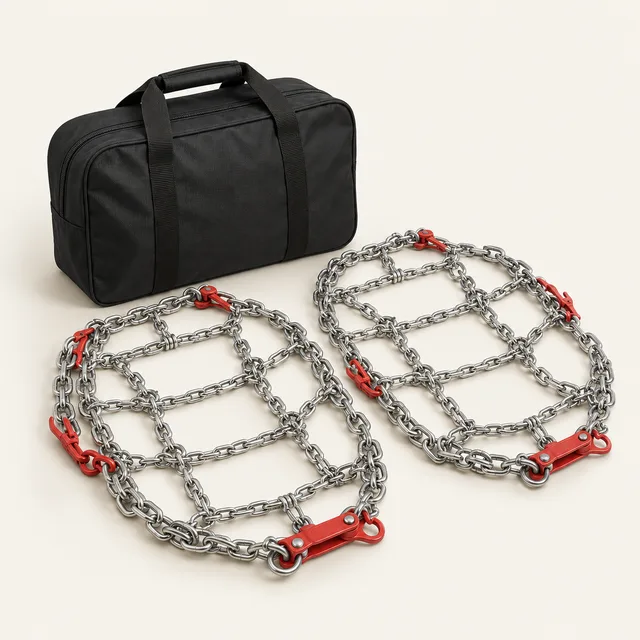 AI-generated illustration of self-tightening tire chains; representative equipment type, not a specific product