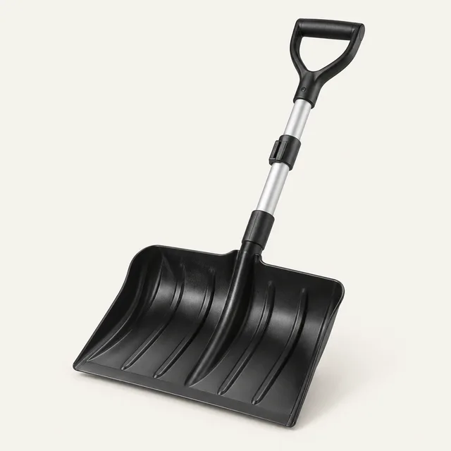 AI-generated illustration of collapsible vehicle snow shovel; representative equipment type, not a specific product