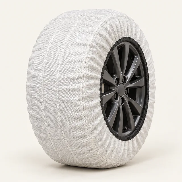 AI-generated illustration of textile snow traction covers; representative equipment type, not a specific product