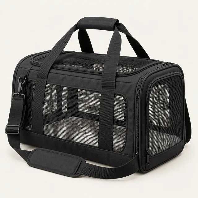 AI-generated illustration of soft travel pet carrier; representative equipment type, not a specific product