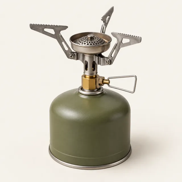 AI-generated illustration of compact outdoor stove; representative equipment type, not a specific product