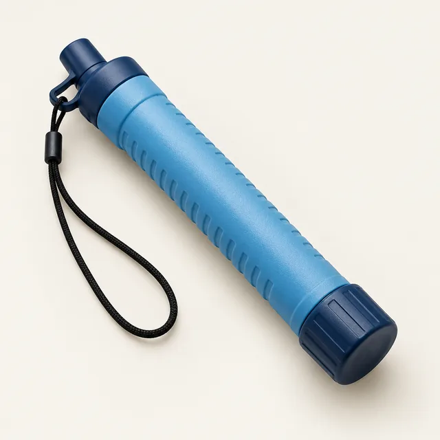 AI-generated illustration of personal water filter; representative equipment type, not a specific product