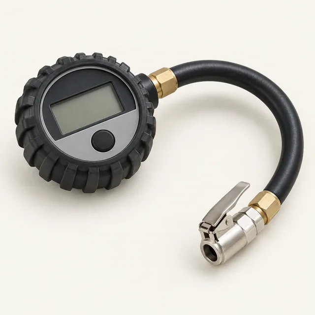 AI-generated illustration of digital tire pressure gauge; representative equipment type, not a specific product
