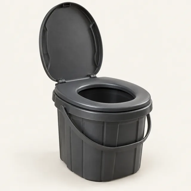 AI-generated illustration of portable bucket toilet; representative equipment type, not a specific product
