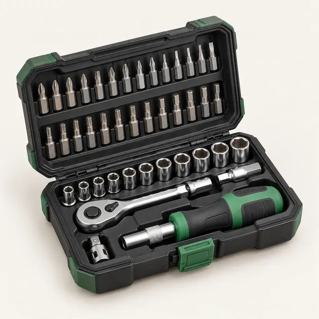 AI-generated illustration of compact ratchet and bit set; representative equipment type, not a specific product