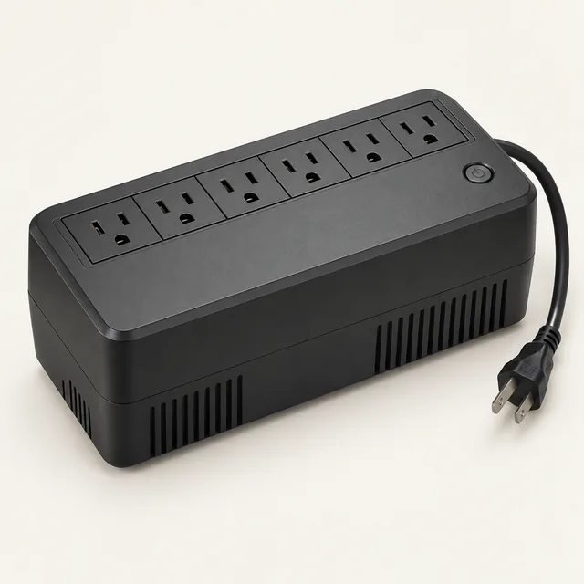 AI-generated illustration of compact uninterruptible power supply; representative equipment type, not a specific product