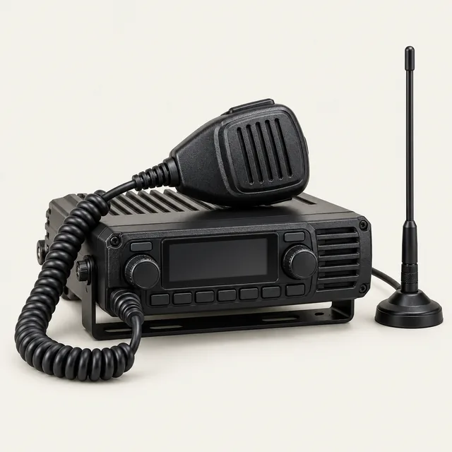 AI-generated illustration of vehicle-mounted gmrs radio; representative equipment type, not a specific product