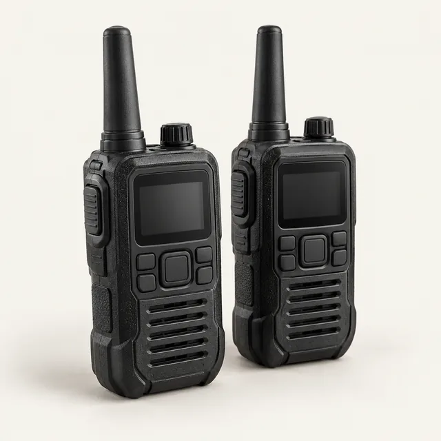 AI-generated illustration of two-way radio pair; representative equipment type, not a specific product