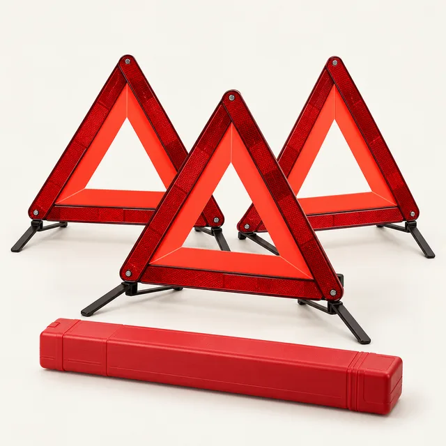AI-generated illustration of reflective roadside triangle set; representative equipment type, not a specific product