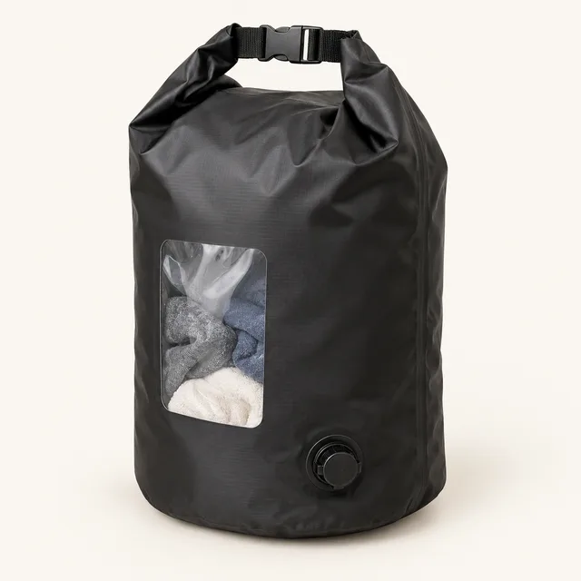 AI-generated illustration of manual laundry bag; representative equipment type, not a specific product