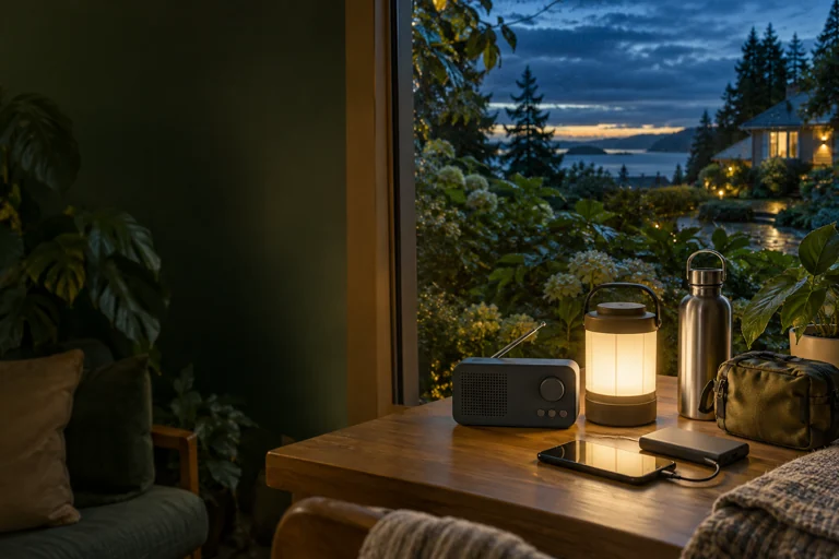 Lantern, water, radio and phone charging arranged at home